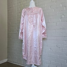 Vintage Pink Liquid Satin Long Sleeve Coquette Nightgown Lace Embroidered Yoke