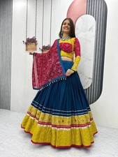 Women Readymade Rayon Cotton Rama Blue Lehenga Choli Sequence Work Dupatta Set