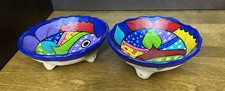 2 Mexican Footed Bowls Folk Art Pottery Hand painted Fish Colorful 4.75” Vintage