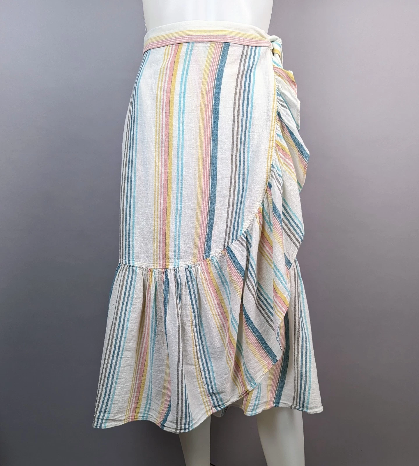 CHAPS Pastel Stripe Soft Linen Blend Wrap Midi Skirt Ruffle Hem Coastal Sz XL