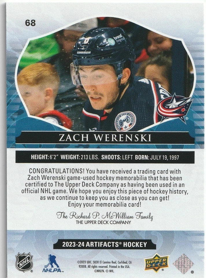 2023-24 Upper Deck Artifacts - Zach Werenski #68 Gold Material 215/249 (MEM) - Image 2 of 2