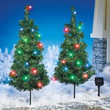 Set of 2 Solar LED Multicolor Christmas Tree Stakes Outdoor Planter Porch Decor