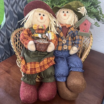 Scarecrow Doll Couple Sitting On Rattan Wicker Bench. Fall Decor, EUC