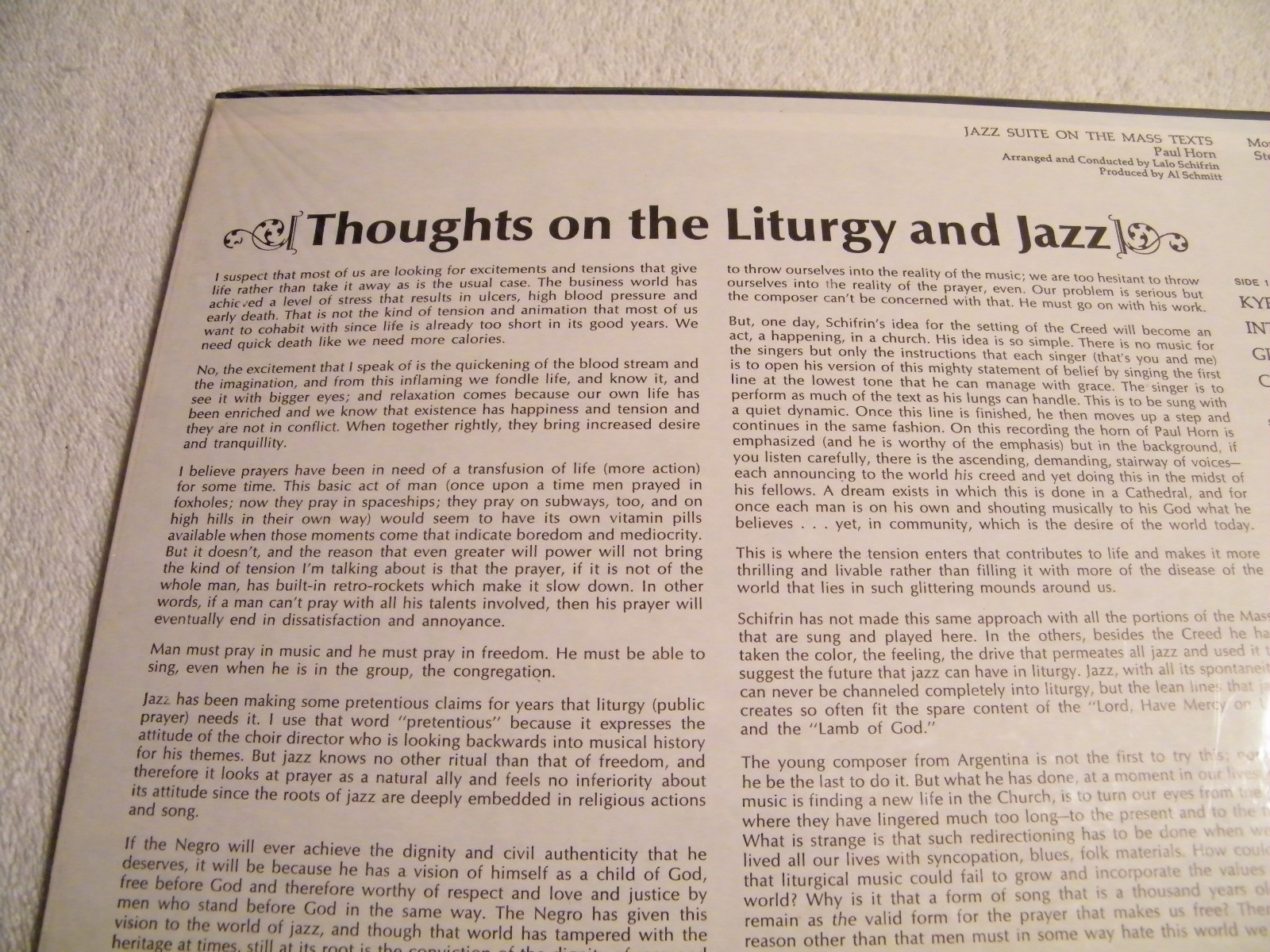 PAUL HORN Jazz Suite on The Mass Texts LP Vinyl RCA Shrink 1965