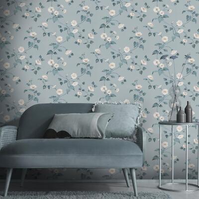 Abode Laura Floral Trail Wallpaper 05549-43 Duck Egg Leaves Flowers Erismann