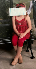 Weissman red sequin tap/jazz dance costume child M - outfit, elastic hairpiece 