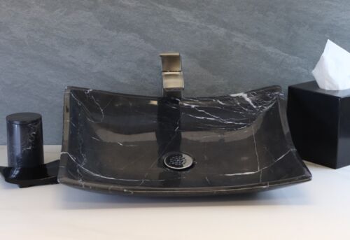 Black Marble Rectangle Vessel Bathroom Sink, Nero Marquina Basin, Small Sinks - Picture 1 of 5