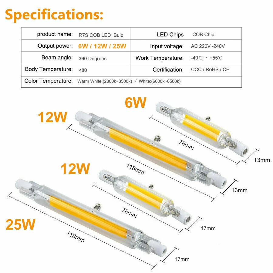 R7s LED COB Light Bulb Dimmable 78mm 118mm 6W 12W Glass Tube Lamp 110V 220V  RO