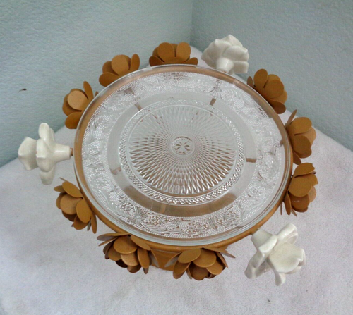 Vintage Gold Iron Cake Stand Metal Flowers White Ceramic Rose Trim Glass Plate - Picture 2 of 3