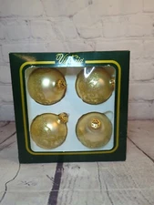 4 VTG The Victoria Collection Rauch Gold Glass Ornaments Gold Glitter USA 1112B