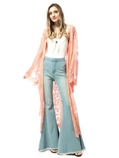 Lace Embroidered Maxi Kimono Swimsuit Cover Up Waist Tie Cardigan