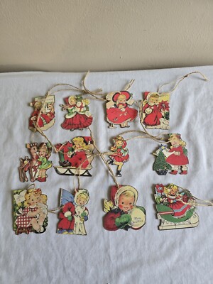 12pc Set Of Wood Child Girl Hanging Christmas Tree Ornaments Holiday Decorations