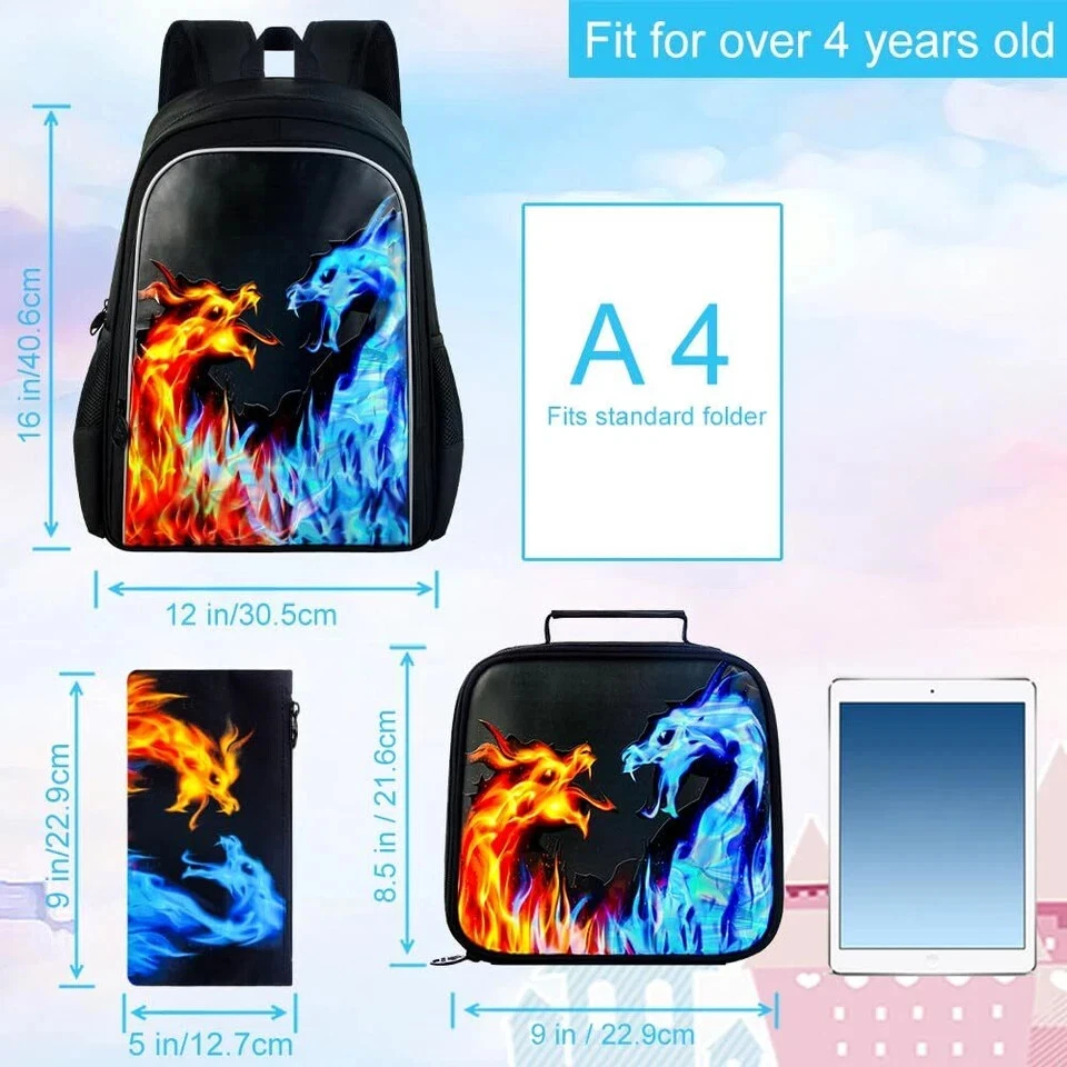 Mochila 3 PIEZAS para Niños 16 Pulgadas Niños Azul Dragón de Fuego Mochilas Preescolares... Foto 2 de 4