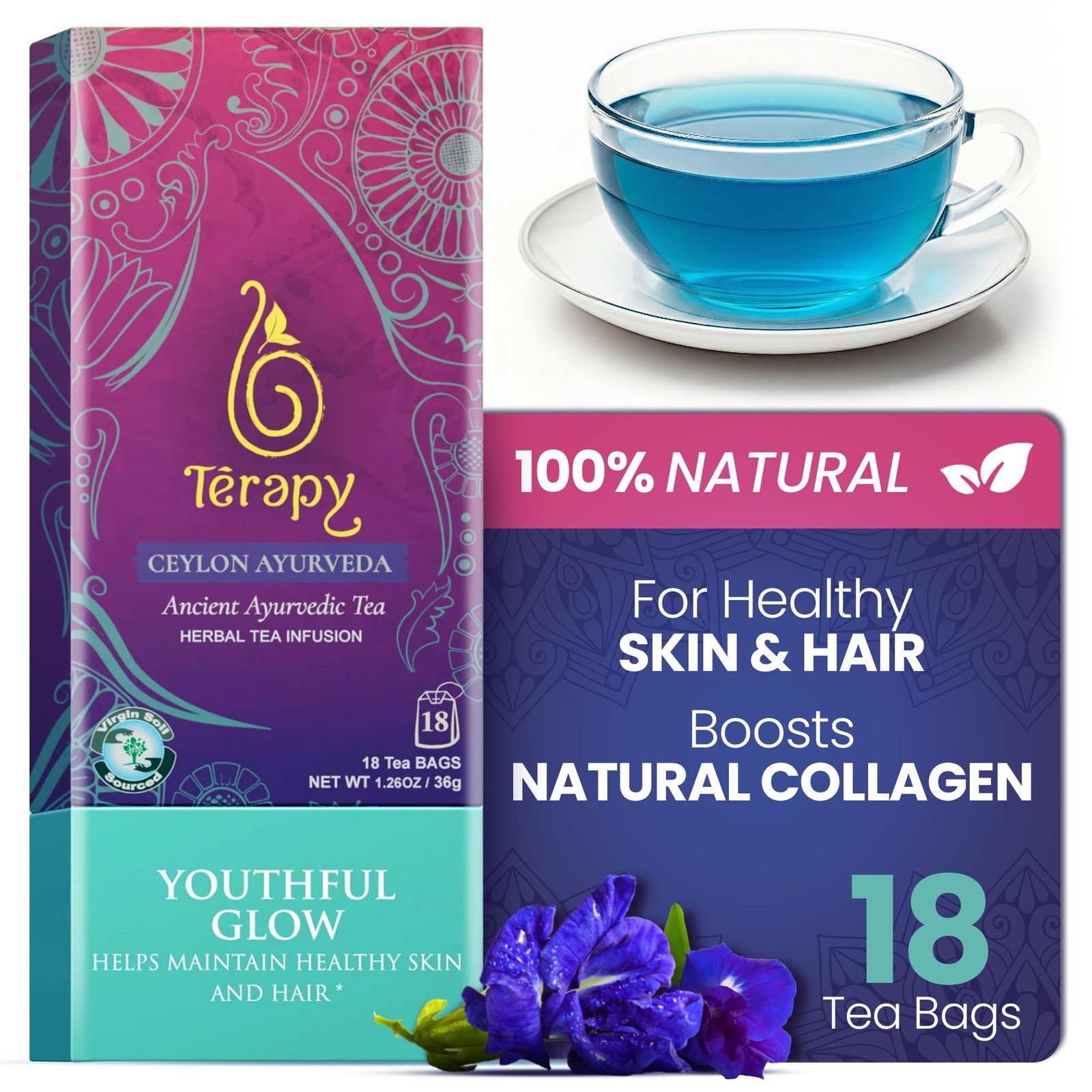Térapy Ceylon Youthful Glow Tea, Ayurvedic Herbal Blend Beauty Tea 18 bags