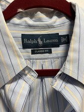 Ralph Lauren Mens Yellow Blue Striped 16 Shirt Custom Fit Long Sleeve Button Up