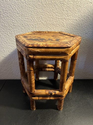 Scorched Tortoiseshell Bamboo Hexagon Plant Stand Riser 10″x 7.5” Antique