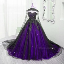 Gothic Wedding Dress Black Purple Vintage Bridal Gowns Lace Appliques High Neck