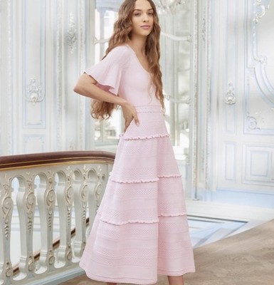 Needle & Thread High-Quality Fit & Flare Knit Pink Silk Tea Length Dress 12 L