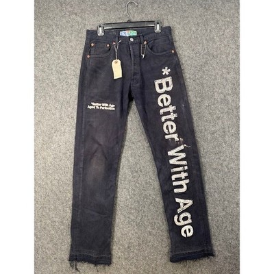 Better With Age Custom Upcycled Levis Jeans Faded Black Graphic 30x32 NEW