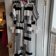Nine West Women's Black White Belted Short Bubble Sleeve Maxi Dress Size L NWT