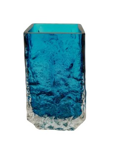 Vintage Whitefriars Style Blue Art Glass Rectangular Textured Vase Heavy Base