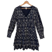 River Island Mini Dress Size UK 16 Embroidered Black Boho Peasant Summer Holiday