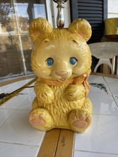 Vintage Teddy Bear Chalkware Table Lamp Nursery Decor Rare Yellow WORKS 50s/60s