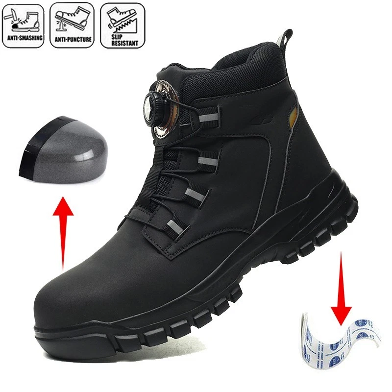 Men Anti-Punctur Steel Toe Safety Work Shoes Rotary Buckle Indestructible Shoes