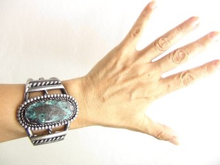 HEAVY 96g 6.75" Native Sterling Silver Turquoise Cuff Bracelet Navajo
