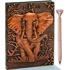 3D Elephant Vintage Leather Journal Writing Notebook with Pen Set,Antique Han...
