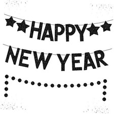 Black Glitter Happy New Year Banner - No DIY, 2 Strings  Happy New Year Sign