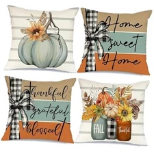  Fall Pillow Covers 18 x 18 Inch Set of 4, 18" x 18" (Pack of 4) Blue Pumpkin