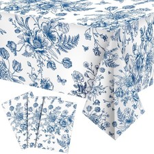 Tiamon 3 Pcs Blue Floral Plastic Tablecloth 54 x 108 54" x 108", Blue, White