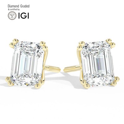 Smaragd Solitär Labgrown Diamant Ohrstecker 18k Gelbgold 4 Kt D Vs1