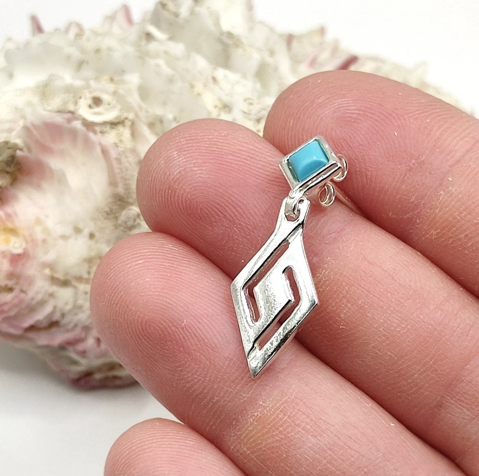 Handmade Greek Key Meander Sterling Silver 925 Stud Earrings with Turquoise - Image 4 of 4