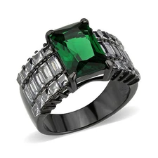 Women's Ring, Black Plated, Stainless Steel, Green Stone, Statement Ring