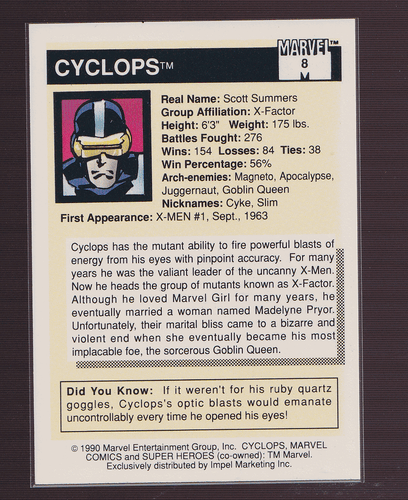 1990 Marvel Universe Series 1 Card 8 Cyclops - Picture 2 of 2