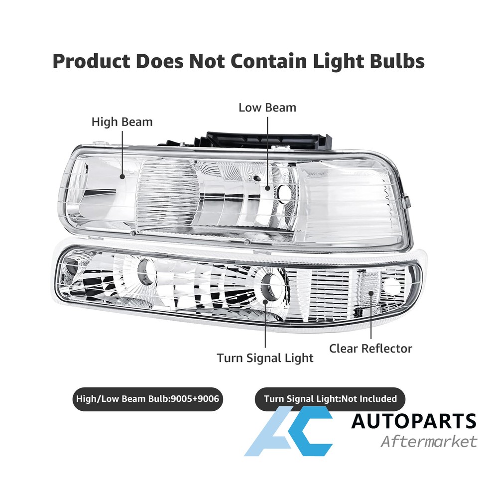 Chrome Housing Amber Reflector Lights Smoke Headlight Assembly With Turn Signal For 99-02 Chevy Silverado, 00-06 Suburban/Tahoe - Pair, Chrome Housing, Direct Fit 1999-2002 Tahoe Headlight Assembly - Foto 6