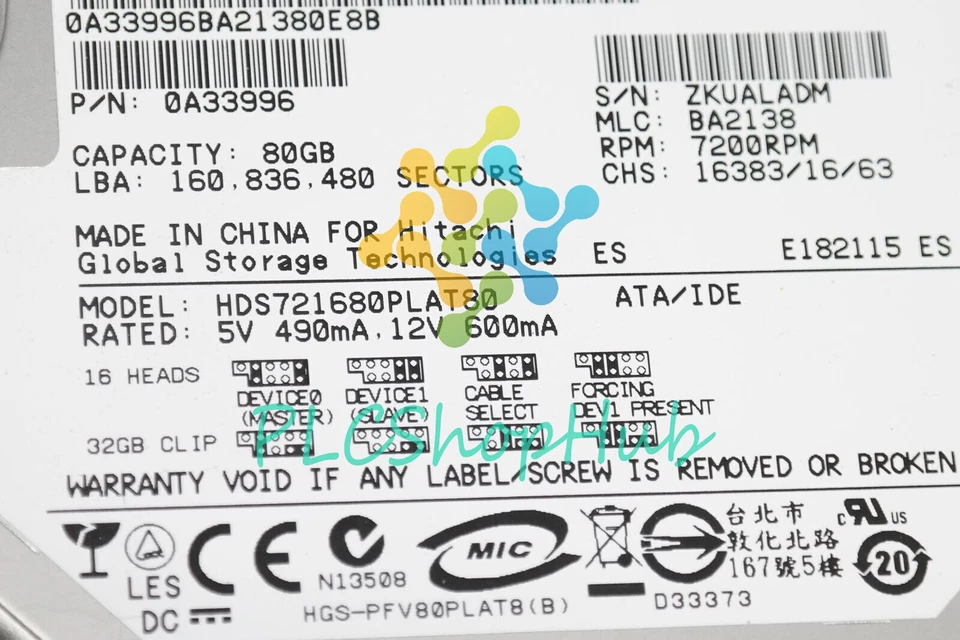 1P HITACHI 0Y30003 80GB IDE 7200RPM 3.5" Internal Hard Drive - HDS721680PLAT80 - Image 3 of 4