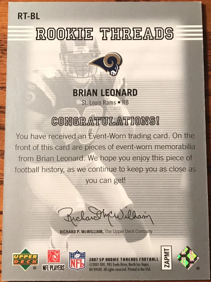 2007 SP Rookie Threads Rookie Threads Silver Brian Leonard RT-BL St.Louis Rams - Image 2 of 2