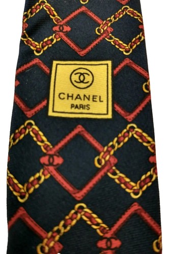 Authentic Chanel Paris Logo 100% Silk Neck Tie ~Red Blue Gold ~Made In Italy