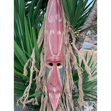 Rustic Primitive Tribal Tiki Bar Wood Wall Mask with Hair Vintage Finish 39”x 7”