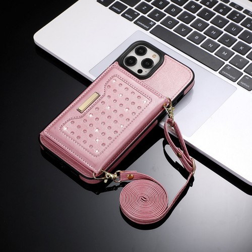 For iPhone 15 Pro Max 14 12 11 XR 8 Diamond Leather Wallet Lanyard Cover Case - Picture 60 of 72