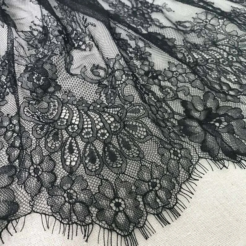 3 yards Scalloped Chantilly Lace Fabric Black Eyelash Lace Trim 24.8 Wide