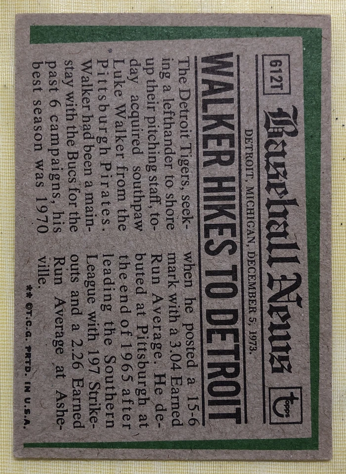 1974 Topps Traded Luke Walker Baseball Card #612T Tigers Low-Grade - Image 2 of 2