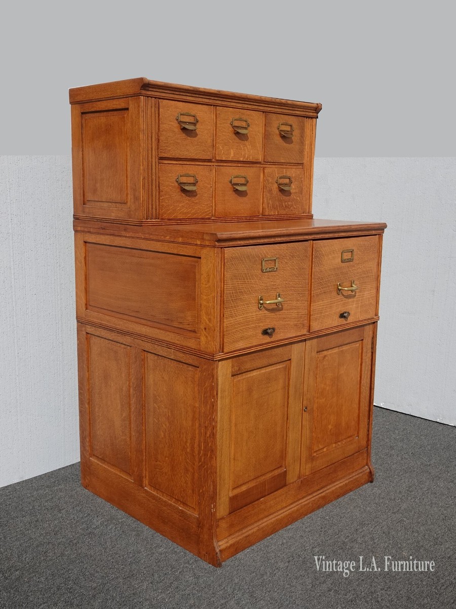 Antique Shannon File Cabinet Oak Stacking Double Sectional Card