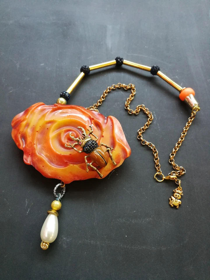 Orange Blossom Necklace Jewelry Scarab Insect Chain Flower Brutalist Modernist - Image 3 of 4