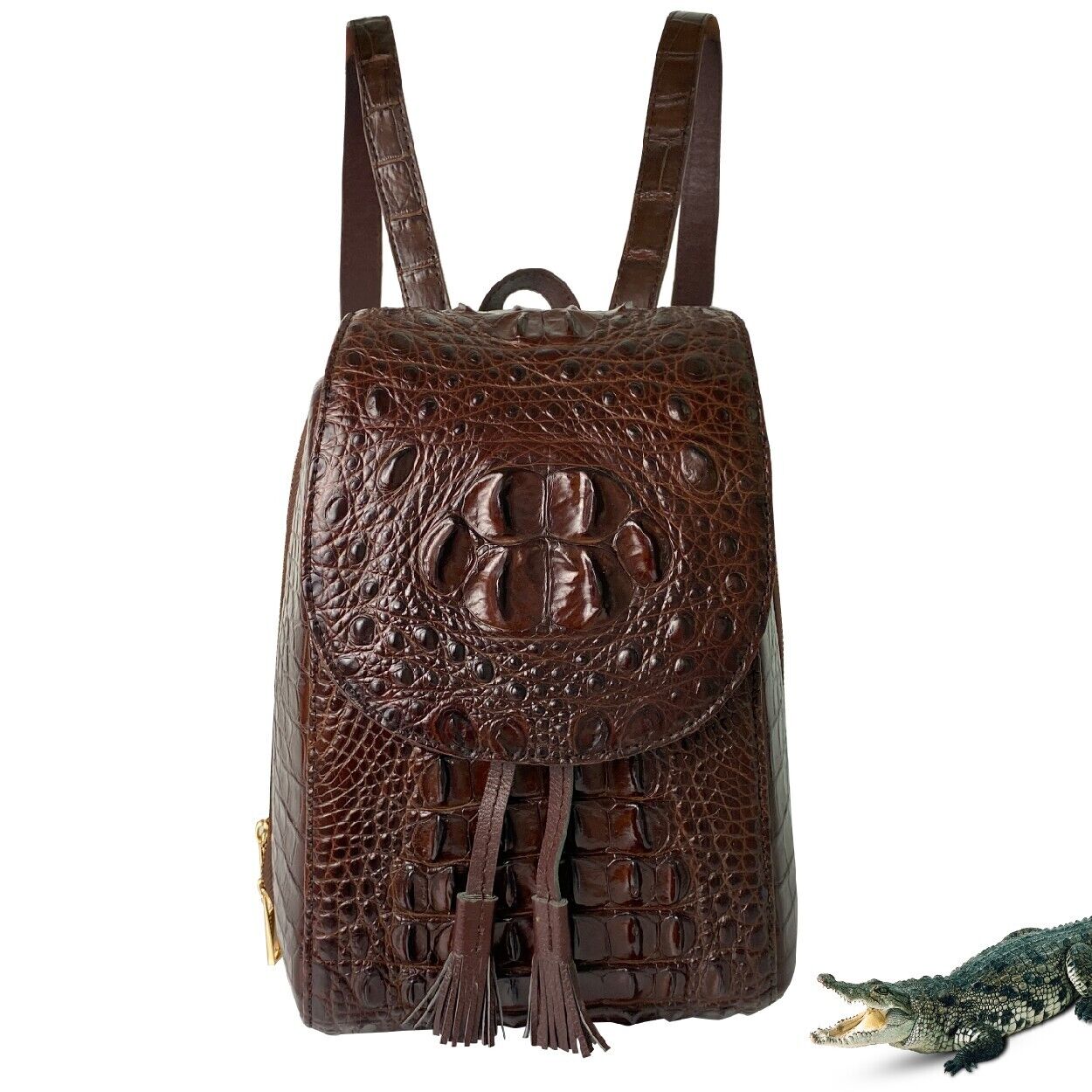 Brown Leather Alligator Backpack Women Small Bookbag Purse Girls Charm Tassel