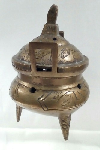 INCENSE BURNER Vtg Brass Holder Lid Etched Pierced Tri ft Handles China Chinese - Picture 4 of 8