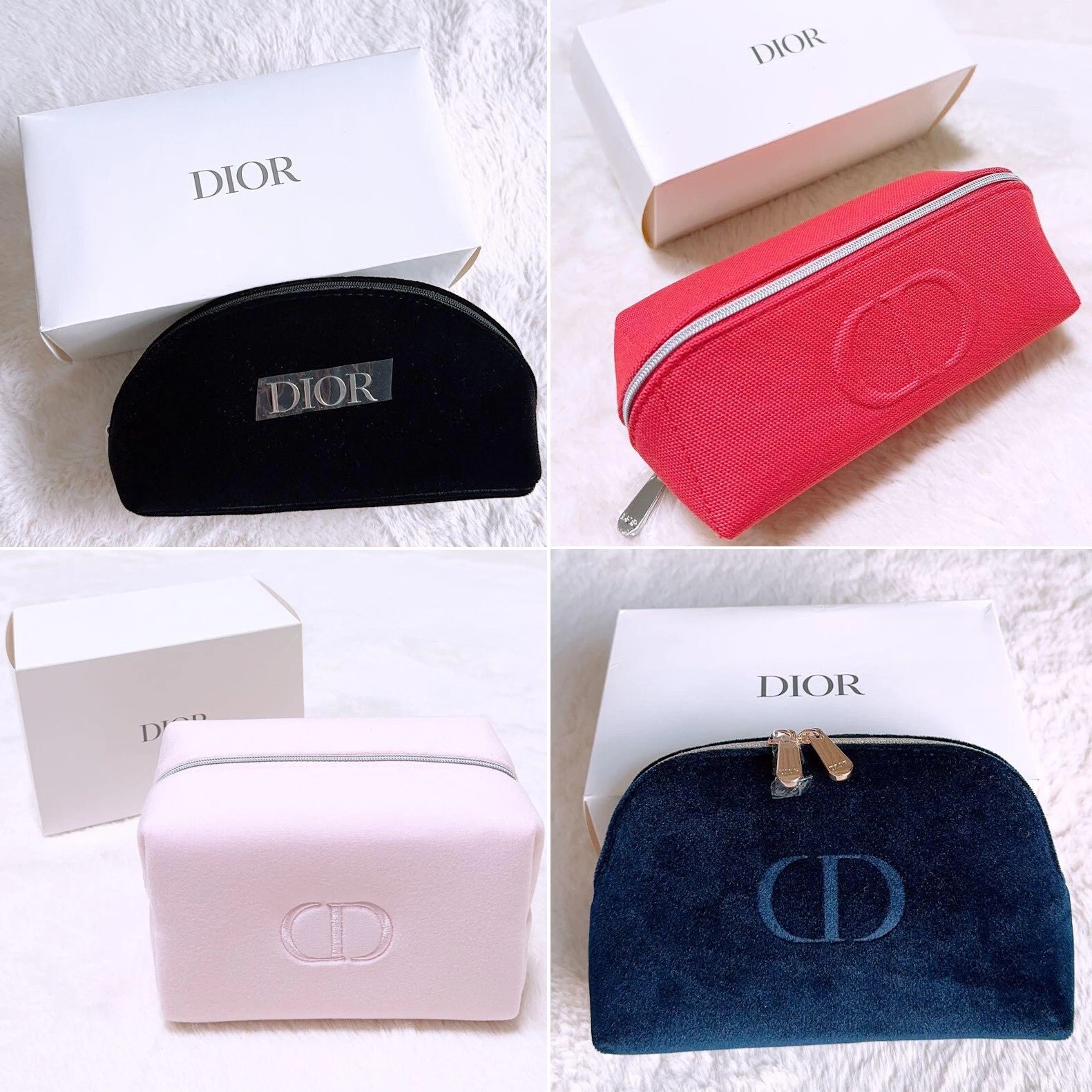 DIOR Véritable Pochette Originale Velours Noir et Marine/Carré/Bébé Rose JAPON NEUF